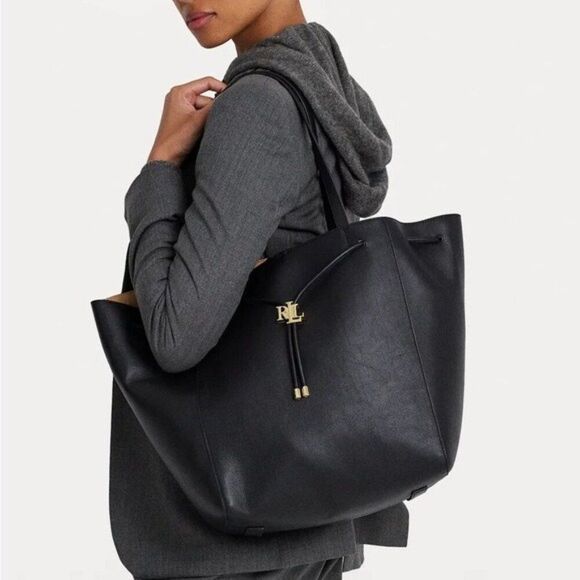 Lauren Ralph Lauren Andie Large Leather Drawstring Tote in Black, New - Picture 4 of 16